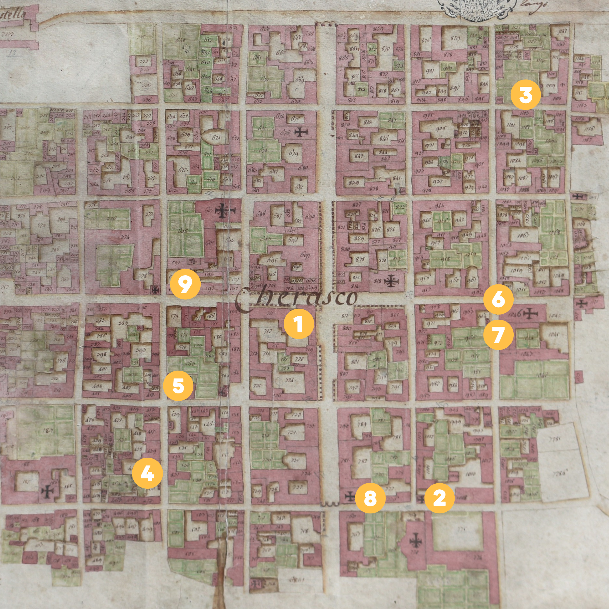 Mappa dei luoghi storici delle confraternite nel centro storico di Cherasco